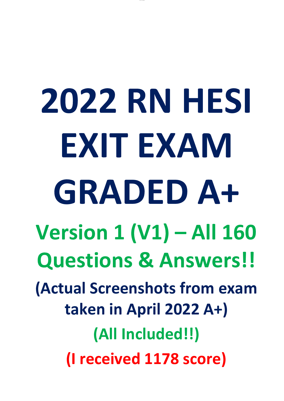Preview image for 2022 RN HESI EXIT EXAM GRADED A+ Version 1 (V1) – All 160 Questions & Answers!! (Actual Screenshots from exam taken in April 2022 A+)